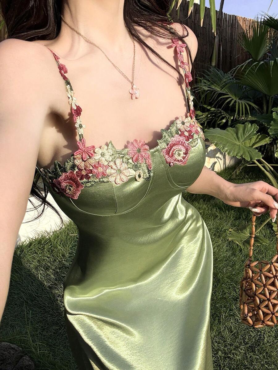 DAZY 女士花卉吊带装饰优雅度假风长裙，波西米亚风女士连衣裙，生日女士休闲连衣裙，女士短裙，夏季女士加大码太阳裙，夏季工作连衣裙，正式女士连衣裙，长款连衣裙 - 綠色 - 查看 1