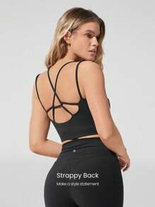 GLOWMODE FeatherFit™ Superstar Sweat-Wicking Removable Cups Double Crossover Straps Sports Bra Low Impact Yoga Pilates Barre Studio Daily Casual Wear - Black - View 3