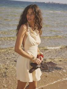 Aralina Women's Solid Color Drape Backless Casual Mini Dress, Summer Beach Vacation 4th Of July Graduation Dress - Yellow - View 7