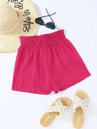 SHEIN Teen Girls Black Textured Bubble Check Print High Waist Drawstring Loose Vacation Casual Versatile Shorts