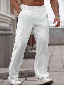 Manfinity Homme Men's Solid Color Cargo Style Casual Large Pocket Summer Pants, Fall - White - View 5