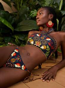 Travachic 女式全身印花露背比基尼泳装，适合夏季海滩，女士夏季服装，女士泳衣 - 彩色 - 查看 5