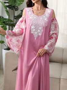 Al Najma V-Neck Bead Embellished Floral High-Low Flare Sleeve Dress, Arabic Style, Spring/Summer - Pink - View 4
