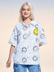 SmileyWorld® | SHEIN Women's Summer Y2K Cute Street White Smiling Face Pattern Front Button Short Sleeve Shirt, Summer