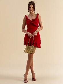 SHEIN BAE Women's Summer Solid Red V-Neck Ruffle Trim Camisole Dress/Summer Dresses For Women/Prom Dress/Graduation Dress/Red Dress