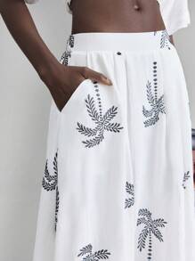 Ontre Women's White Spring And Summer Palm Tree Pattern Casual Skirt, Bohemian Style, Big A-Line Slimming, Oatmeal Color Loose And Comfortable Long Skirt, Party, Vacation, Island Vacation, Island Music Festival, Suitable For Summer - White - View 5