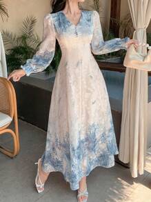DAZY 女士花卉印花V领灯笼袖长裙，秋季连衣裙长袖连衣裙 - 藍色 - 查看 4