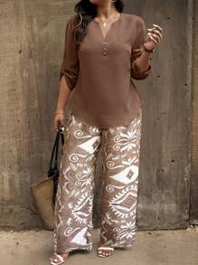 EMERY ROSE Top avec col châle et manches retroussées à imprimé aléatoire, grande taille, et pantalon long à imprimé intégral, ensemble 2 pièces