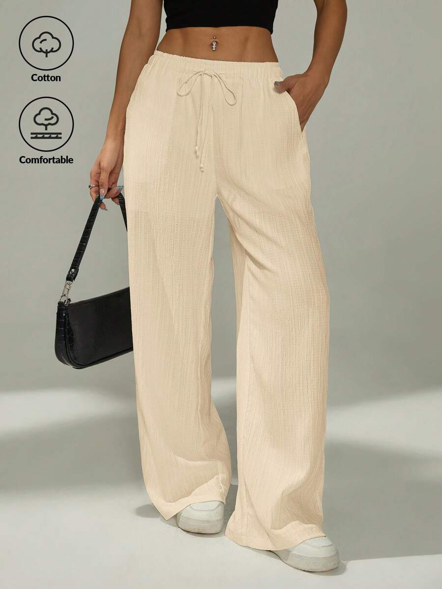 SHEIN PETITE 女式纯色打结口袋休闲假日裤 - 米色 - 查看 1