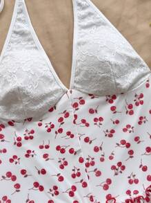 Soleia Tuta da donna vintage con stampa a ciliegie, scollo a V, collo alto, volant sulla gonna, stile casual da vacanza, adatto per il ritorno a scuola, matrimoni, tè pomeridiani, festival musicali - Rosso e Bianco - Visualizzare 5