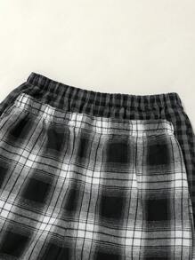 SHEIN 青少年男孩四件套休闲睡衣套装，包括纯色圆领T恤和格子短裤，宽松舒适 - 黑與白 - 查看 5