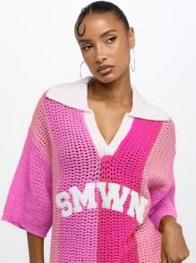 SUMWON WOMEN Crochet Oversized Polo Collar Pullover Mesh Knit Beach Top Summer Vacation Resort Holiday Casual Wear,Tops For School