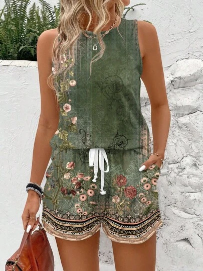SHEIN LUNE Casual Retro Floral Pattern Women Sleeveless Crew Neck Tank Top And Short Sleeve Top Set, Suitable For Summer,Summer Sets