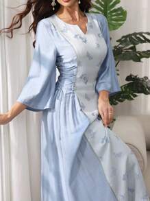 SHEIN Najma 女士优雅阿拉伯风格蝴蝶提花面料收腰系带连衣裙，适合春夏季 - 藍色 - 查看 5