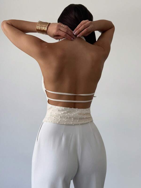 Firerie Parte superior halter corta y acanalada de punto, con espalda descubierta, elegante, chic, sexy y de moda, para festivales de música rave, vacaciones, en color albaricoque