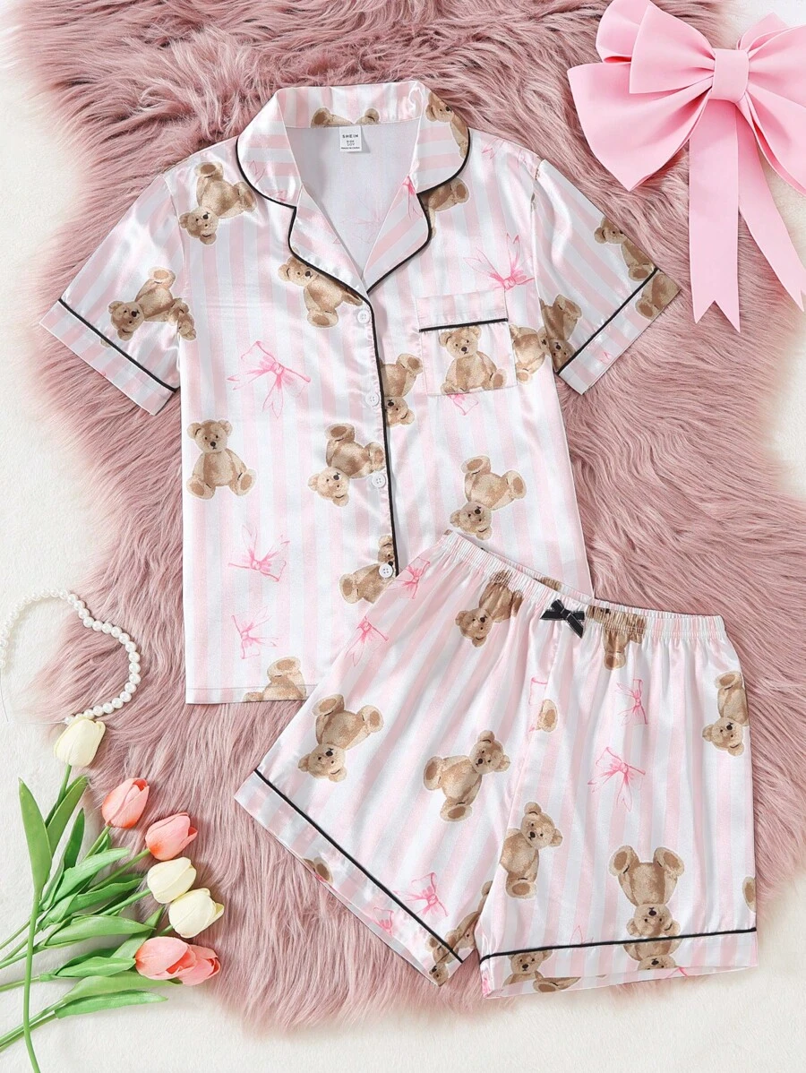 Girl Pajamas - Pink Bow & Bear Striped Print Satin-Like Trim Contrasting Color Short Sleeve Shorts Set, Fashion Collar Casual Loungewear Summer  Cute Pajama Sets Girl Pajama Set Pajamas Set - Multicolor - View 1