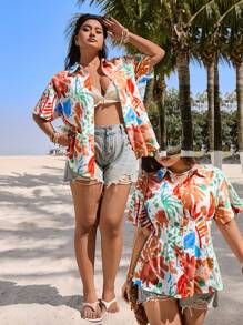 SHEIN EZwear Chemise grande taille d'été à taille serrée, Top de vacances pour la plage d'été - Blanc - Voir 1