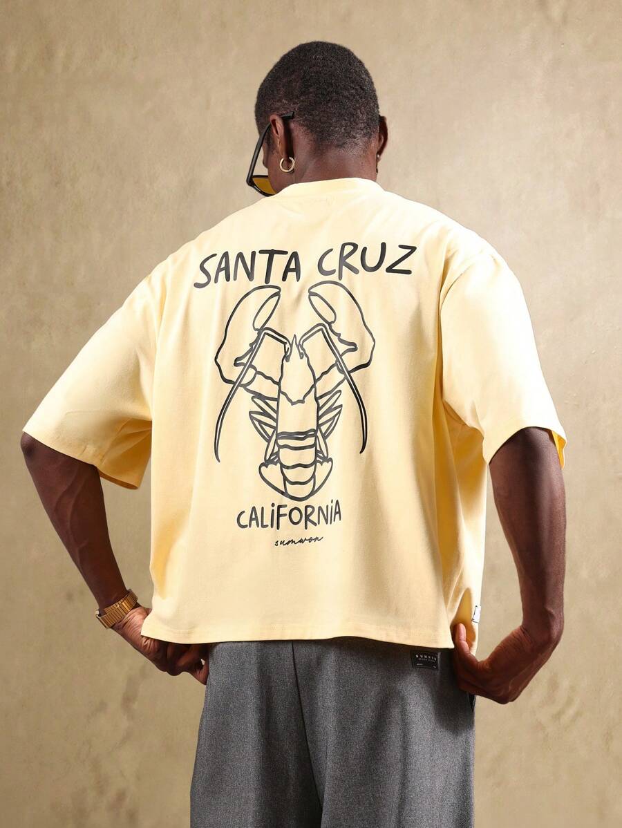 SUMWON Oversized Santa Cruz California Lobster Graphic Summer Beach Tee Retro Surf Style Street Fashion Short Sleeve Cropped T-Shirt
