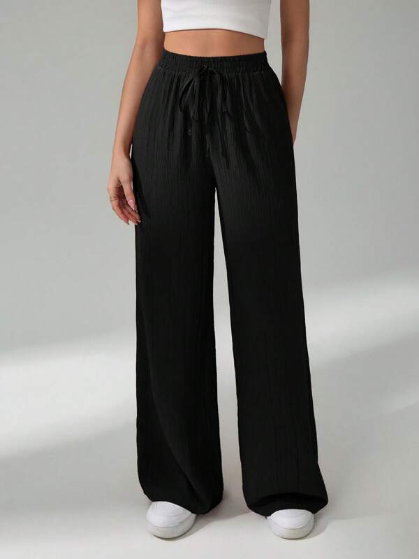 SHEIN Tall Pantaloni lungi casual largi pentru femei, culoare solidă, cu curea, cu picior larg