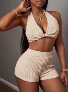 Slaydiva 2pcs Summer New Arrival Women Casual Sexy Solid Fuchsia Backless Halter V-Neck Sleeveless Top And Shorts Set