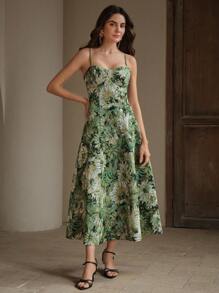 Anewsta Rochie de petrecere fără mâneci, stil pictură în ulei, cu linie A, pentru femei, model Sling, nou-venită - Verde - Vizualizare 4