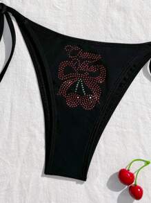 Swim EVENT 2025 新款夏季女式两件套泳衣，樱桃印花水钻装饰吊带比基尼上衣和三角泳裤，性感沙滩度假装 - 黑色 - 查看 2