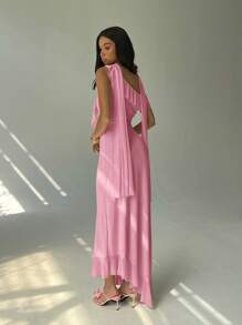 Aloruh Elegant Off Shoulder Floral Design Dress, Fitted & Slimming, Resort Style - Pink - View 2