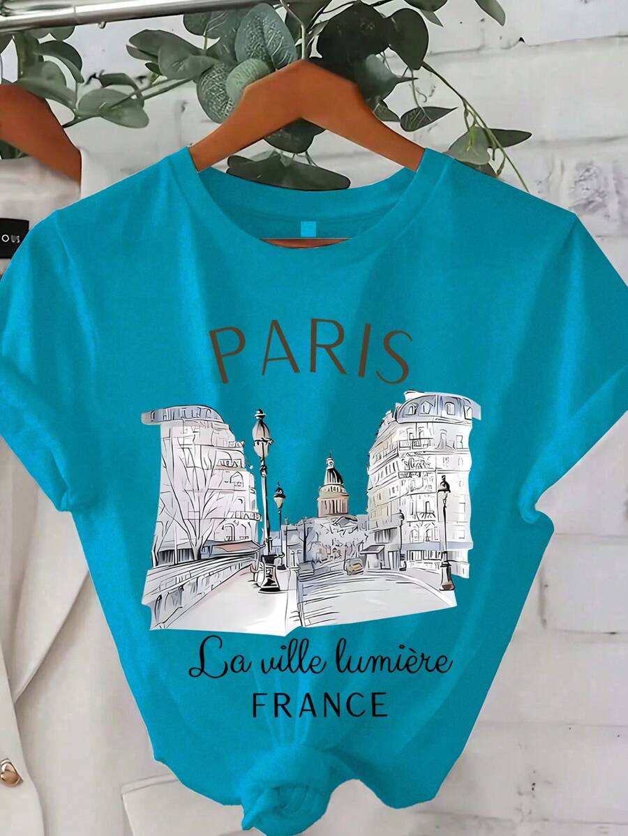Chiquease 女士短袖巴黎印花休闲 T 恤，夏季和春季上衣图案 T 恤女士上衣