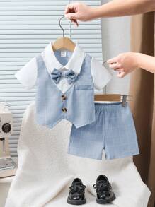 Souflis Souflis 2 stuks babyjongens ruitpatroon splice revers korte mouw shirt en shorts set