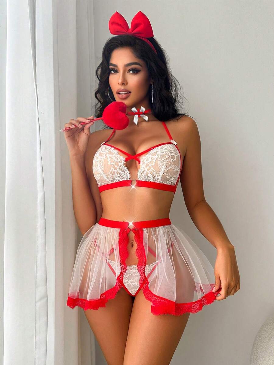 SHEIN 3件套女士性感蕾丝和网眼内衣套装