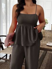 Weeklong 2pcs Plus Size Women Summer Solid Ruffle Hem Camisole And Pants Set