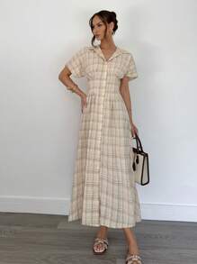 Siren Gaze Vestito in stile gingham estivo per donna, vestito giallo a quadri, vestito lungo a righe estivo casual, vestito estivo casual lungo da donna, vestito camicia a righe in vita da donna casual da pendolare, vestito lungo casual a quadri con collo a risvolto e maniche corte, monopetto, per donna, casual e per l'ufficio