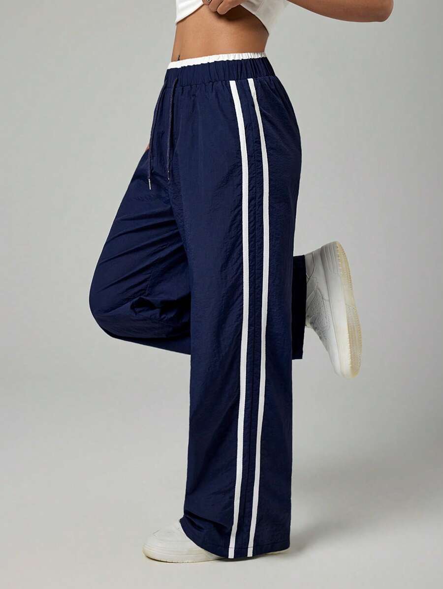 SHEIN PETITE 女士拼色高腰侧条纹编织带休闲裤，女士春秋休闲抽绳，侧条纹自然阔腿长款藏青色宽松女裤，休闲日常穿着 - 藏蓝色 - 查看 1