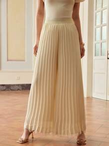 ZEYLAH Quần Culottes ống rộng co giãn màu trơn xếp ly dáng rộng cho nữ - Màu be - Xem 4