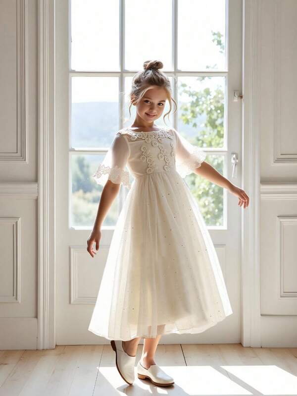 Young Girls Elegant White Lace Sequin Mesh Waist Maxi Dress, Suitable For Flower Girl Outfit At Weddings