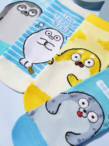 SEALOOK X SHEIN 4 Cặp Vớ Ngắn Thoáng Khí Mềm Mại Thấm Hút Hoạt Hình Dễ Thương Cho Nữ, Mũi Và Gót Chân Được Gia Cố Tăng Độ Bền, Phù Hợp Với Mọi Mùa, Unisex, Sọc, Xanh Dương, Seal - Nhiều màu - Xem 3