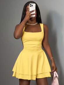 Slaydiva Women's Casual Basic Sweet Ruched Scoop Neck Cami & A-Line Ruffle Hem Short Dress, Summer,Bodycon Dress - Yellow - View 5