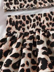 SHEIN Tween Girl Leopard Short Crop Top & High Waisted Layered Ruffle Hem Skirt 2Pcs/Set Suit, Vacation & Casual Wear - Khaki - View 4