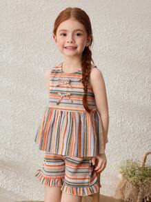 Blossori Young Girls' Countryside Holiday Colorful Stripe Sleeveless Top And Shorts Set - Multicolor - View 7