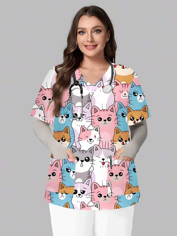 PopScrub Parte superior de uniforme de enfermera/médico con estampado de cabeza de animal de dibujos animados, de manga corta, cuello en V y bolsillos dobles, con abertura lateral, talla grande, multicolor. Uniforme para profesiones de salud, cuidado de mascotas, nutricionista, bata de laboratorio con múltiples bolsillos, top de trabajo funcional y versátil para el verano