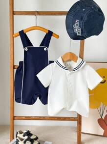 Souflis Souflis Bộ 2 chiếc/Bộ áo sơ mi tay ngắn cổ thủy thủ cho bé trai và quần đùi có dây đeo màu xanh nước biển, trang phục quý ông phong cách xanh nước biển, thích hợp cho tiệc sinh nhật, tiệc tối, biểu diễn, đám cưới, tiệc chào đón em bé, sinh nhật lần thứ 1, mùa xuân/hè, quần áo mùa hè cho trẻ em, quần áo mùa hè cho bé trai mới biết đi, trang phục bé trai, trang phục trẻ sơ sinh (3 tháng-3 tuổi) - trắng - Xem 2
