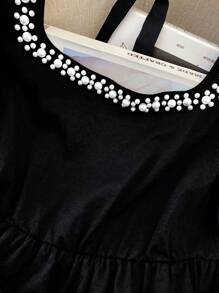 SHEIN Clasi Conjunto de 2 piezas con cuello cuadrado y decoración de perlas, elegante y para talla grande, apropiado para salidas diarias, vacaciones, citas y cenas - Negro - Ver 4