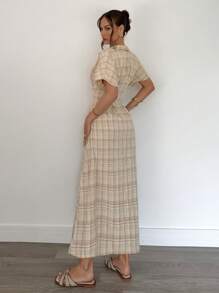 Siren Gaze Vestito in stile gingham estivo per donna, vestito giallo a quadri, vestito lungo a righe estivo casual, vestito estivo casual lungo da donna, vestito camicia a righe in vita da donna casual da pendolare, vestito lungo casual a quadri con collo a risvolto e maniche corte, monopetto, per donna, casual e per l'ufficio