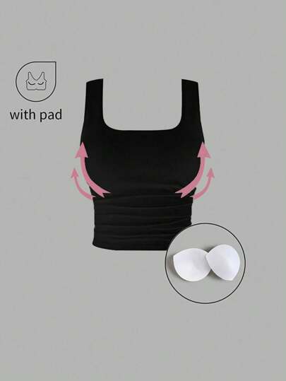 FavEase Simple Solid Color Wide Strap Pleated Casual Top, Built-In Bra