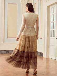 ZEYLAH Women's Long Ombre Mesh V-Neck Dress With Diamond Chain Detail - Multicolor - View 4