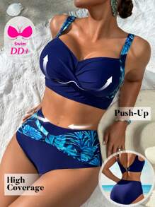 Swim DD+ Women's Plant Printed Twist Strap Tankini Swimsuit, Suitable For Summer Beach - Navy Blue - View 1