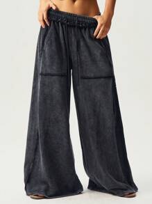 Bohemela Pantaloni ampi casual in stile boho, lavorati a maglia, con motivo a fiocco di neve e patch, colore unito, lavati, larghi e ampi per le donne