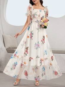 Modelyn Vestido largo con volantes en el bajo, impresión digital para mujeres