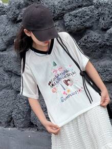 DAZY 青少年女孩夏季标语印花 V 领插肩袖休闲 T 恤，返校服装 - 白色 - 查看 1