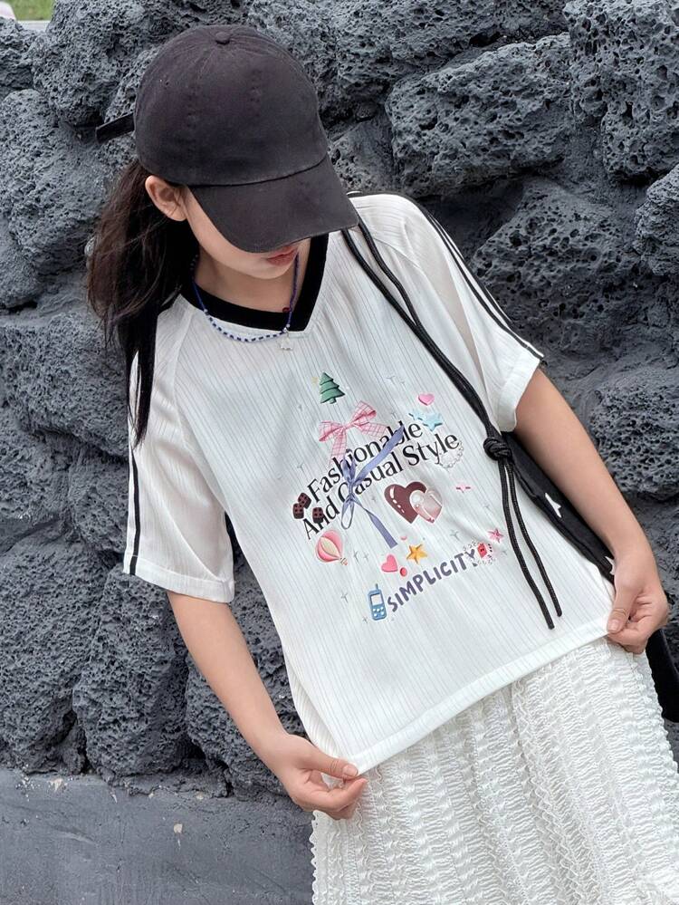 Tween Girls' Summer Slogan Print V-Neck Raglan Sleeve Casual T-Shirt,Back To School Clothes